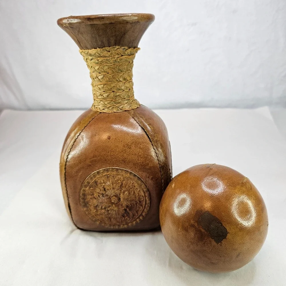 Vintage Brown Leather Decanter Bottle w/ Ball Stopper Rustic Neck Made‎ in Italy